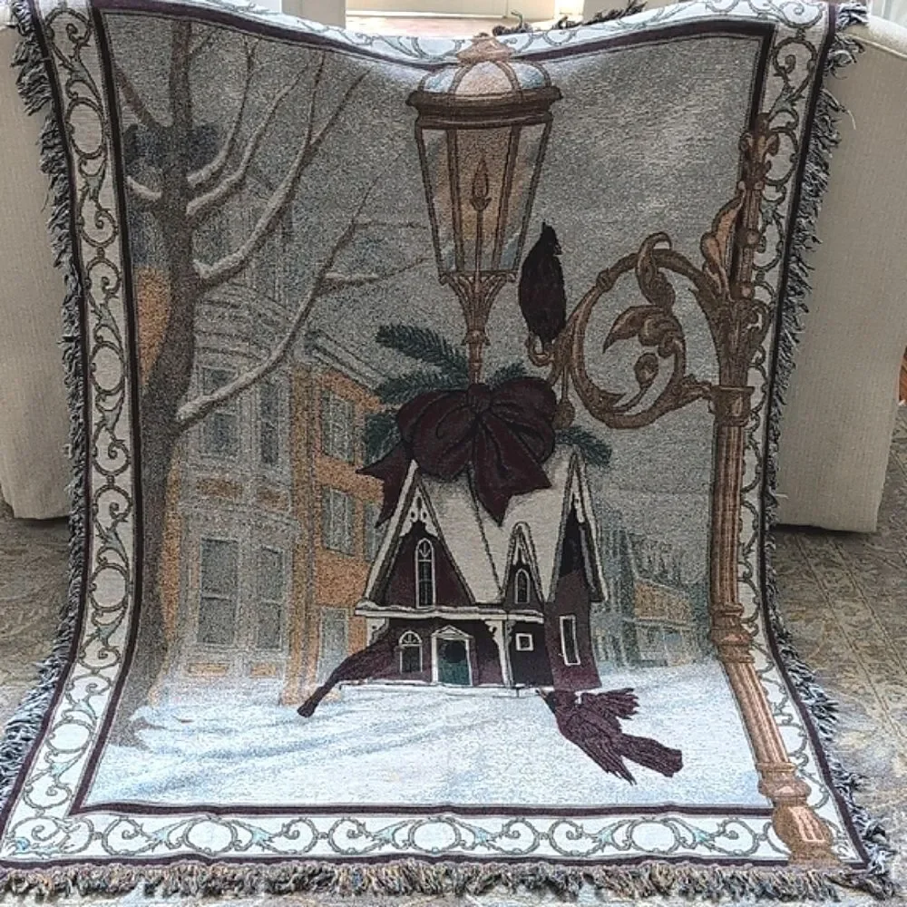 Vintage Christmas Cardinal Winter Village Scene Woven Tapestry Throw Blanket
